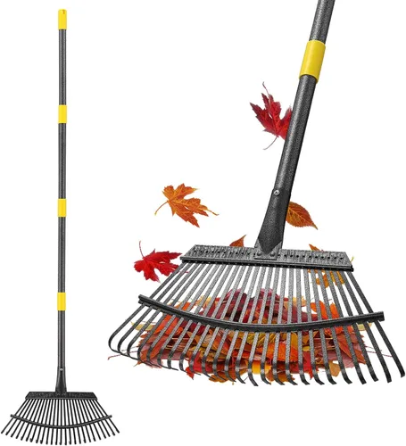 Rastrillo para hojas resistente, rastrillo de hojas de jardín grandes para césped, rastrillo de jardinería de 65 pulgadas con mango largo que ahorra
