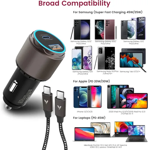 Vista 5 de VELOGK Cargador de Coche Super Rápido Tipo C [Turbo 73W], Adaptador de Coche USB C Adaptativo Rápido 55W 45W PPS/PD&QC3.0 [Carga Super Rápida 2.0]