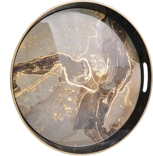 Vista 9 de Bandeja decorativa redonda de mármol blanco con asas, bandeja de servir moderna de plástico de 13" para mesa de café, baño, otomano, decoración