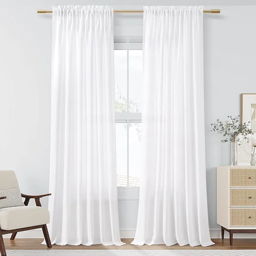 Vista 93 de Guken Cortinas de lino verde aguamarina de 84 pulgadas de largo, juego de 2 paneles semitransparentes con bolsillo para barra para comedor