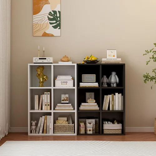 Vista 8 de OSCHF - Estantería de almacenamiento de 6 cubos, estantería de madera de 3 niveles con soporte en el suelo, estantería abierta para el hogar