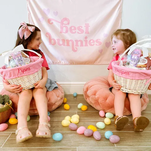 Vista 6 de Personalization Universe Cesta de Pascua de sauce tejida a mano personalizada con mango plegable, primera Pascua, búsqueda de huevos, diseño