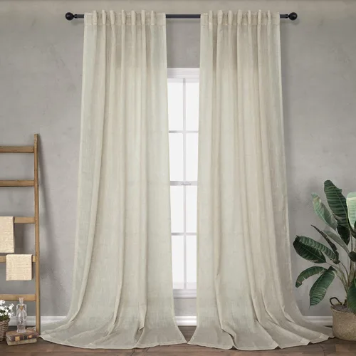 Vista 27 de Cortinas de lino crema de 102 pulgadas de largo para sala de estar, dormitorio, 2 paneles con bolsillo con pestaña trasera, filtro de luz, cortina