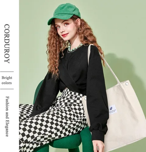 Vista 6 de Bolsas de pana para mujer, bolsa de pana de gran capacidad, reutilizable, con bolsillos interiores