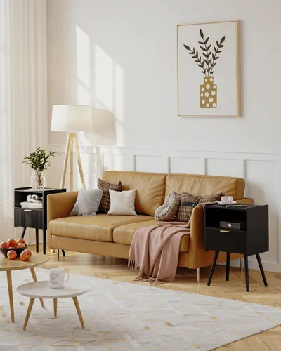 Vista 4 de JOONEE Mesita de noche negra, moderna mesita de noche con cajón de almacenamiento y estante de madera abierta, para sala de estar, dormitorio
