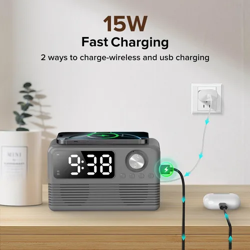 Vista 3 de Cargador inalámbrico rápido de 15 W con altavoz Bluetooth y radio despertador, estación de carga inalámbrica 4 en 1 para iPhone, teléfonos Android