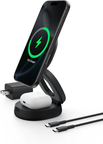 Belkin MagSafe Charger Compatible, estación de carga inalámbrica Qi2 2 en 1 de 15 W, cargador convertible para iPhone 17, Apple Watch, AirPods,