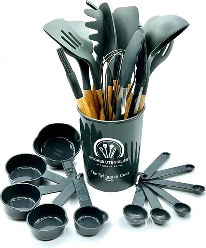 Vista 2 de 34 Pcs Non-Stick Silicone Cooking Utensils Set with Holder Sturdy Insulation Wooden Handle Heat Resistance Silicone Spatula Spoon Kitchen Gadgets