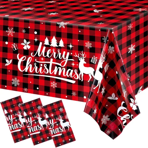 Vista 8 de Irenare 1 Pc Christmas Tablecloth Red and Black Buffalo Plaid Table Cover Merry Christmas Plastic Disposable Snowflake Elk Gingham Table Cloth for