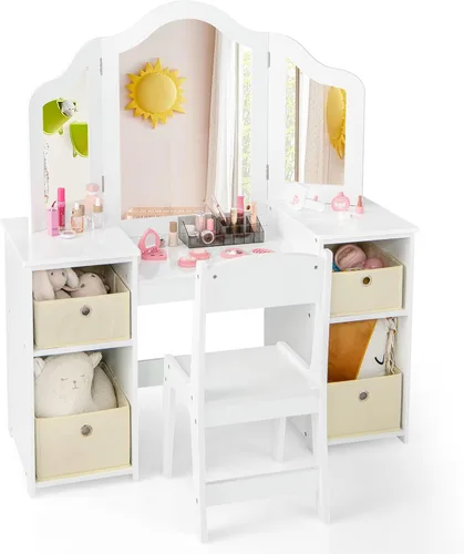 HONEY JOY - Juego de tocador para niñas, juego de tocador de princesas con espejo y taburete, 4 contenedores de almacenamiento, mesa de maquillaje y