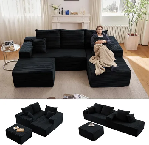 Vista 35 de Sofá modular Cloud de 95 pulgadas con otomana, moderno sofá nube en forma de U con asiento profundo, cómodo sofá de pana de 3 plazas, sofá de espuma