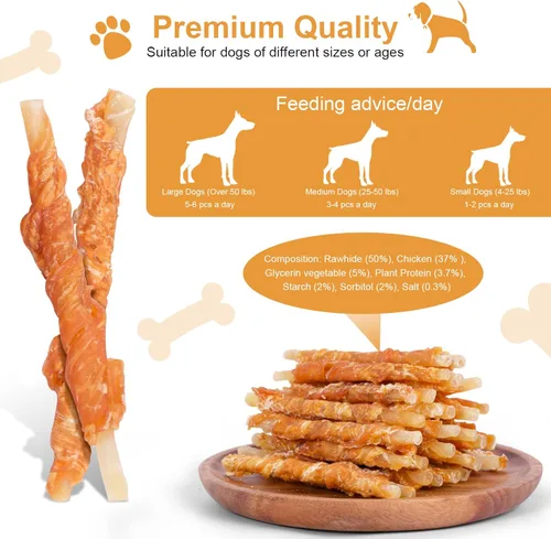 Vista 5 de Cueros crudos envueltos en pollo para perros, golosinas para entrenamiento de cachorros, palitos masticables de cuero crudo para perros, golosinas