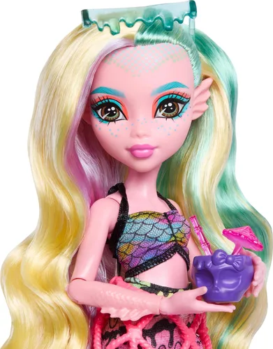 Vista 5 de Monster High Muñeca y juego Lagoona Blue Scare-adise Island Snack Shack con accesorios de comida y bebidas que cambian