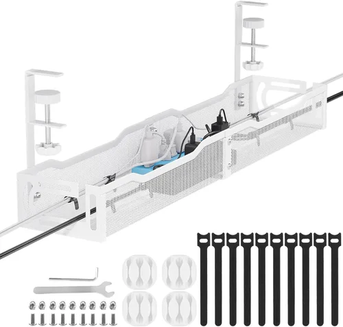 Vista 10 de Bandeja de gestión de cables para debajo del escritorio, gestión de cables debajo del escritorio sin taladro, bandeja de gestión de cables