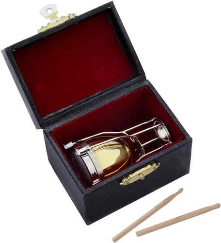 Vista 3 de Timbales en miniatura con soporte y estuche, réplica de instrumentos musicales de latón, figuras coleccionables, accesorios para casa de muñecas