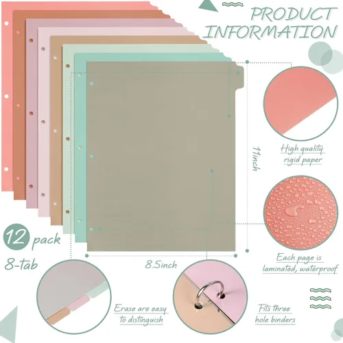 Vista 2 de Honoson - 12 juegos de separadores con 8 pestañas para carpetas de 3 anillas, separadores de plástico para archivos de papel de 8.5 x 11 pulgadas