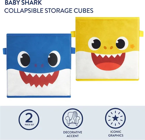 Vista 2 de Idea Nuova Baby Shark - Cubitos de almacenamiento plegables, juego de 2, 10 x 10 pulgadas, color azul y amarillo