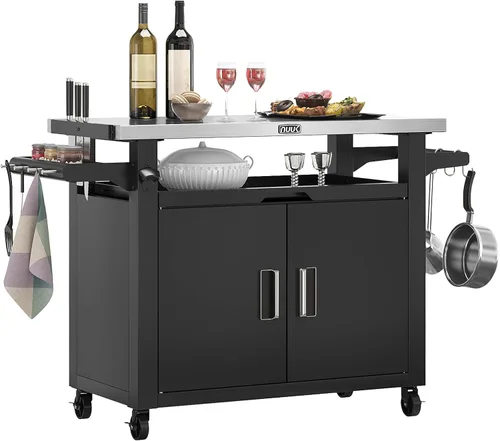 Vista 8 de NUUK Mesa de parrilla con armario de almacenamiento, carrito de bar al aire libre, mesa de horno de pizza con ruedas, isla de cocina superior