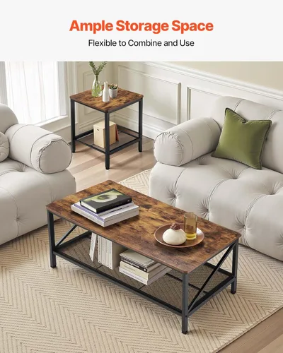 Vista 8 de VEVOR Juego de 3 mesas para sala de estar, mesa de café industrial de 41.3 pulg con 2 mesas auxiliares cuadradas, juego de mesas de café