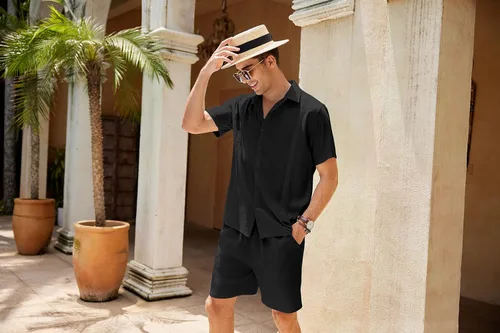 Vista 3 de COOFANDY Conjunto de lino de 2 piezas para hombre, traje de guayabera, camisa y pantalón corto con botones