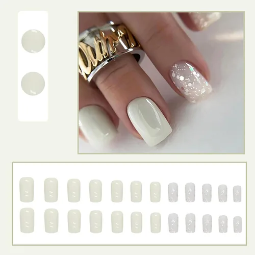 Vista 2 de Uñas postizas cortas a presión, cuadradas, color blanco leche, uñas acrílicas brillantes con diseños de purpurina, cobertura completa, uñas