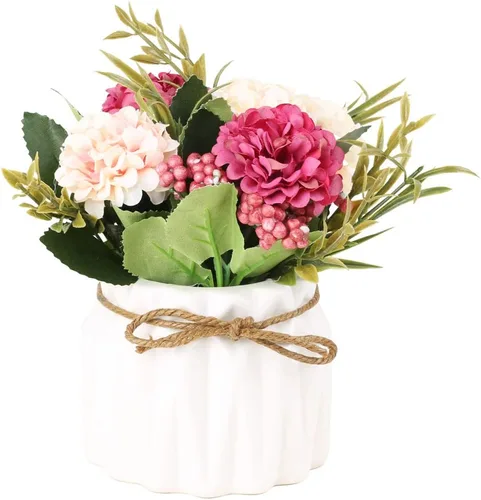 Vista 3 de SUPNIU Ramo de hortensias artificiales con pequeño jarrón de cerámica de seda falsa, bolas de flores variadas, decoración de flores para mesa, Azul