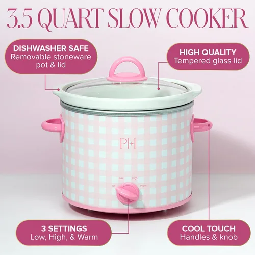 Vista 3 de Paris Hilton Olla de cocción lenta manual de 3.5 cuartos de galón, cuenta con tres ajustes (bajo, alto, cálido), inserto de gres naturalmente Rosa