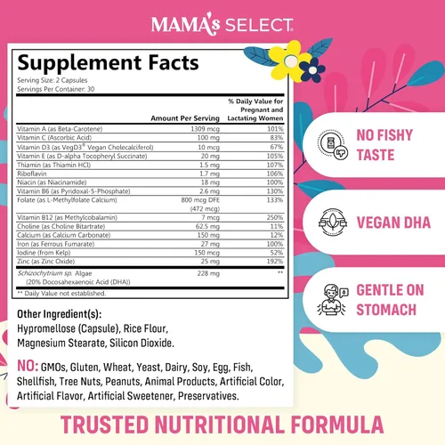 Vista 3 de Vitaminas Prenatales de Mama's Select para Mujeres – Libres de Alérgenos, Amigables con MTHFR, Ácido Fólico Metilado y Vitaminas B, Fáciles