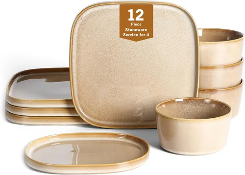 Vista 13 de Stone Lain Grace - Juego de vajilla cuadrada de gres, 12 piezas de servicio para 4, juego de platos y tazones, color negro