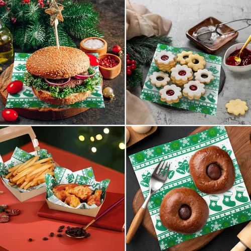 Vista 4 de GeeRic Hojas de papel encerado navideño para alimentos, 100 piezas de forro para cesta de alimentos para sándwiches y papas fritas de 7 * 7