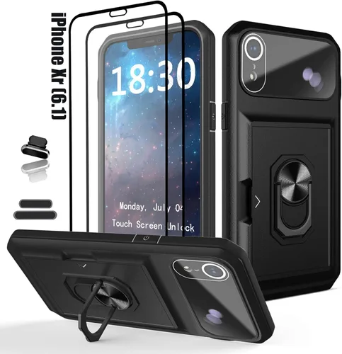 Vista 8 de Funda tipo cartera para iPhone Xr, ranura para tarjeta de crédito, diseño portátil, resistente de doble capa híbrida acolchada de goma protectora