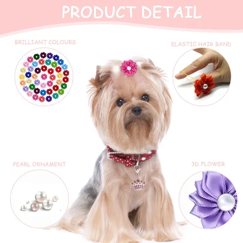 Vista 3 de Lazos para perros, 50 lazos para el pelo de perro con bandas de goma a granel para perros pequeños y niñas, mezcla hecha a mano con perlas pequeñas