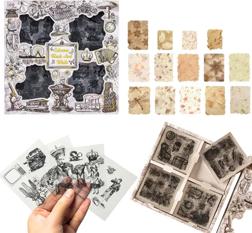 Juego de calcomanías industriales vintage para álbumes de recortes, 700 piezas de suministros mecánicos de diario basura en blanco y negro + 28