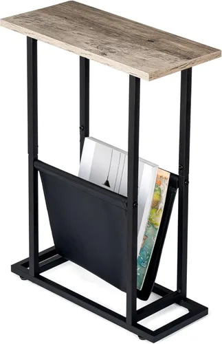 Vista 9 de FLYJOE Mesa auxiliar estrecha con revistero de piel sintética, estilo rústico, delgado, para sala de estar, dormitorio, sofá, color negro