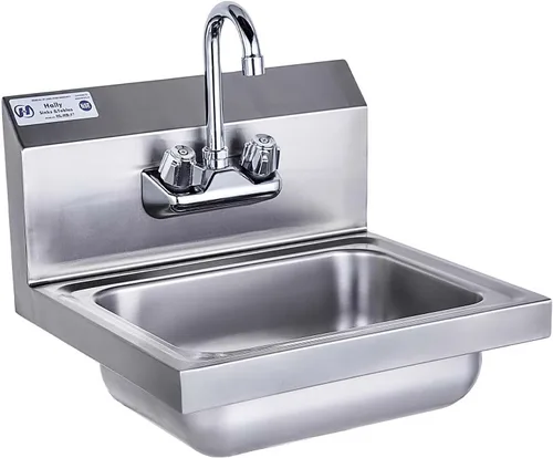 HALLY Fregadero de acero inoxidable para lavar con grifo, lavabo comercial NSF de montaje en pared para restaurante, cocina y hogar, 17 x 15 pulgadas