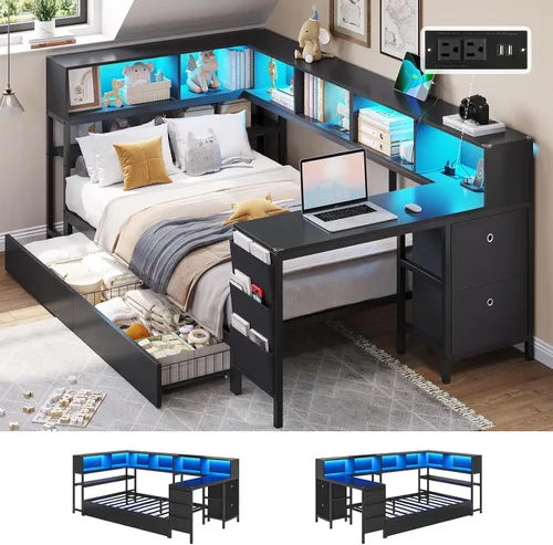 DICTAC Marco de cama individual esquinero con escritorio, estación de carga y estantería de almacenamiento, sofá cama tamaño individual para Negro