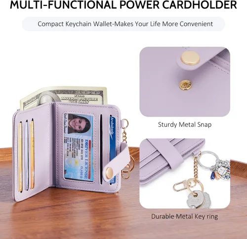Vista 3 de POIUGOYA Billetera delgada para mujer, con bloqueo RFID, plegable, tarjetero con cremallera y bolsillo para monedas, ventana para identificación