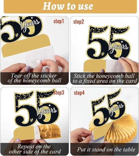 Vista 4 de 9 piezas de decoración de cumpleaños número 55 para centros de mesa de cumpleaños 55 para decoración de mesas, decoraciones de nido de abeja de 55