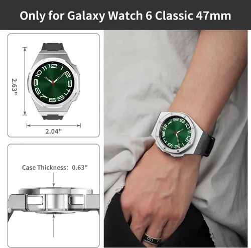 Vista 4 de Funda de lujo diseñada para Samsung Galaxy Watch 6 Classic de 1.850 in 2023, resistente funda protectora militar de metal con correa de silicona