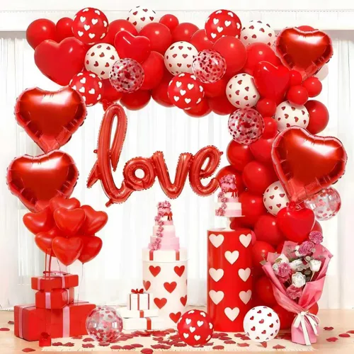 Kit de arco de globos para el día de San Valentín de 117 piezas y 1000 pétalos de rosa roja, globos de corazón de confeti rojo, globos de papel de