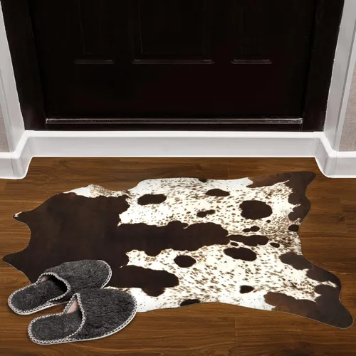 Vista 4 de Foxmas Alfombra de piel de vaca sintética para dormitorio, sala de estar, decoración occidental del hogar, alfombra con estampado de animales