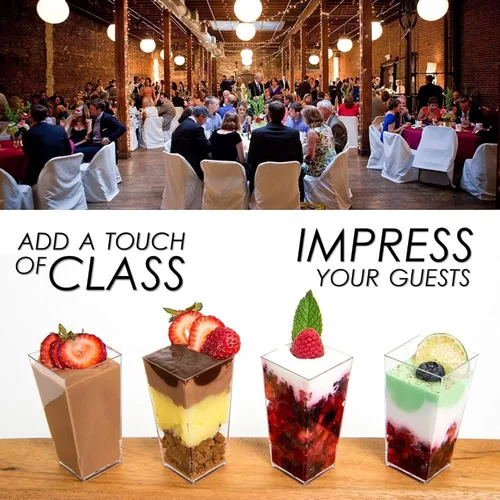 Vista 5 de DLux 100 tazas de postre pequeñas de 3 onzas con cucharas, cuadradas altas, taza de plástico transparente para aperitivos de parfait, pequeño cuenco