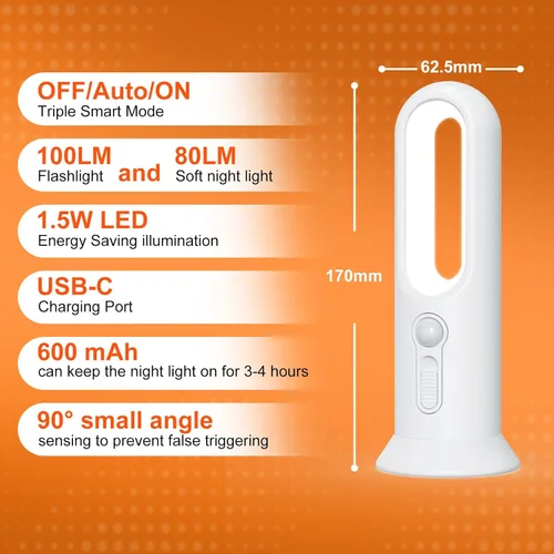 Vista 6 de Luz nocturna recargable con sensor de movimiento 3 en 1, linterna de luz nocturna LED portátil para dormitorio, baño y camping al aire libre (2)