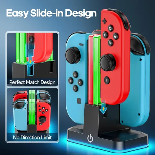 Vista 4 de Cargador controlador de interruptor para 4 Joycons con 9 modos de luz RGB, soporte de cargador Joy con indicadores LED, estación de carga