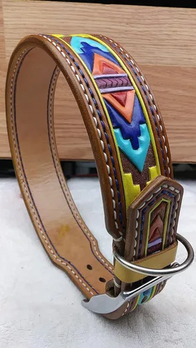 Vista 4 de Dog Large Collar with Aztec Motif, Dog Lover Handstitched Collar, Padded Leather Dog Collar, Dog Collar Handmade Leather
