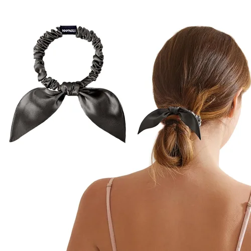 Vista 11 de THXSILK Coleteros de seda con lazo para mujer, de seda de morera pura, para niñas y mujeres, cabello grueso, negro, 2.8 pulgadas