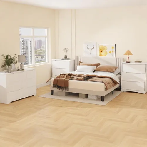 Vista 39 de Gizoon Base de cama matrimonial con cabecera de ala, plataforma tapizada con cabecera geométrica moderna, listones de madera, sin ruido, no necesita