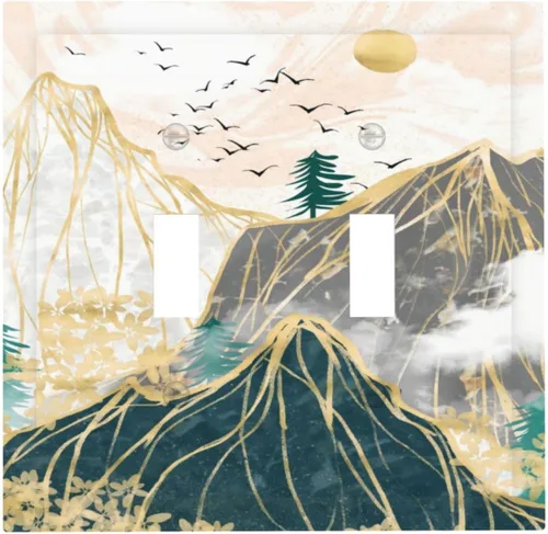 Vista 134 de Placa decorativa para interruptor de luz, diseño bohemio, abstracción, montaña y sol, 2 bandas, 1 palanca, 1 placa de pared dúplex, cubiertas