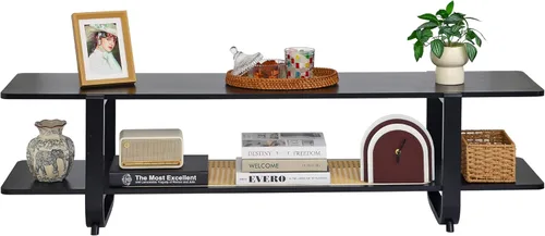 Vista 8 de Soporte de TV de bambú para televisores de hasta 65 pulgadas, centro de entretenimiento con almacenamiento, mesa consola multimedia con estante