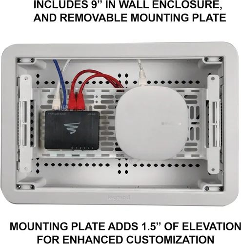 Vista 3 de Legrand - OnQ ENP0905NAV1 – manejo de cableado, caja de multimedia de pared, recinto de cableado estructurado de doble propósito con soporte